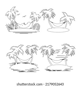 Palm trees and a hammock on the island. Rest by the ocean. Vector illustration. Contour. Set.