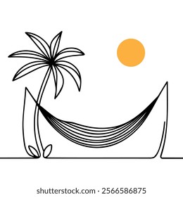 palm trees and hammock one line continuous drawing on white background.