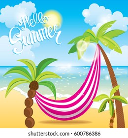 Palm trees with a hammock, the sea and sky with clouds. Vector illustration. Vacation and travel.