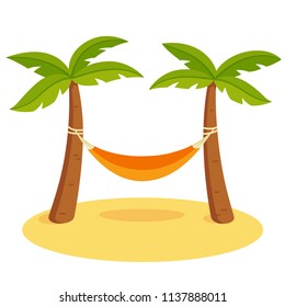 Palm Trees With Hammock, Summer Vacation On Tropical Beach. Isolated Cartoon Vector Illustration.