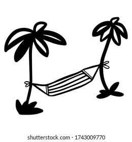 Palm trees and hammock. Vector illustration in doodle style.