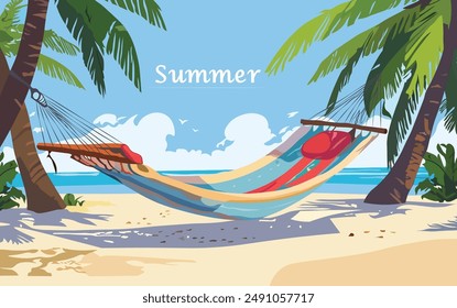 Palm trees and hammock vector illustration. Blue ocean and white sand on background. Vacation, relaxation, tourism, travelling concept, Hammock day, Summer background