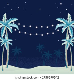 Palm trees and hanging decorative lights for a beach party