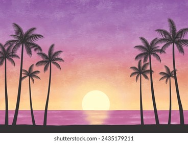 Palm trees and Hawaiian pink sunset scenery watercolor