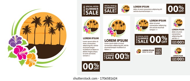 palm trees and hibiscus flowers , vector web banner templates