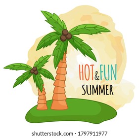 Palm trees, hot and fun summer, cartoon style, exotic trees with coconuts, green leaves, natural and subtropical plants, growing in hot warm countries, symbol of africa or hawaii, paradise concept