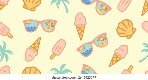 Palmeiras, Barra de sorvete, Cone de sorvete, Concha de vieira, Óculos de sol padrão sem costura. Havaí moda de verão para tecido, têxteis, roupas, cartaz