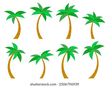 Palm trees icon set isolated on white background. Collection of tropical palm trees with green foliage. Tropical trees vector illustration. Design for banners, covers and posters.