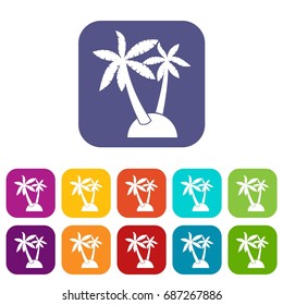 Palm trees icons set vector illustration in flat style in colors red, blue, green, and other