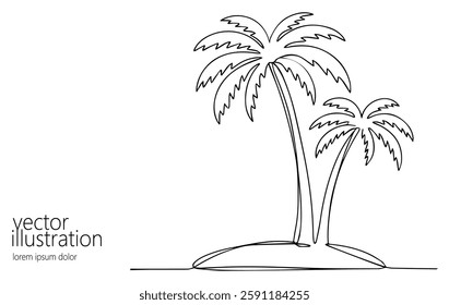 Palm trees island beach. Tropical paradise summer vacation. Travel agency tourism advertising. Single line black outline vector illustration.