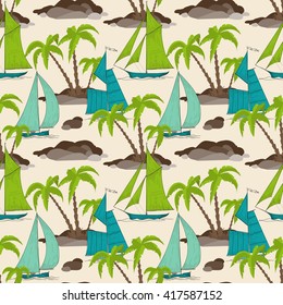 Palm trees island and boats pattern, summer background