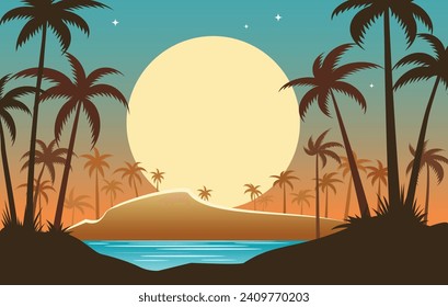 Palm trees island landscape. Tropical night sea coast line with palms at sunset vector illustration