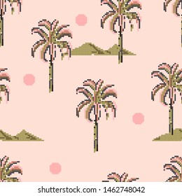 Palm trees and island mountain pixle  Seamless pattern in vector illustration. Design for fashion , fabric, web ,wallpaper, wrapping  and all prints on light pink background color