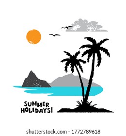 Palm Trees, Island, Sea, Mountains, Sun, Clouds, Seagulls Silhouettes Set. Landscape. Hand Drawn Isolated On White Background. Handwriting Font Summer Holidays