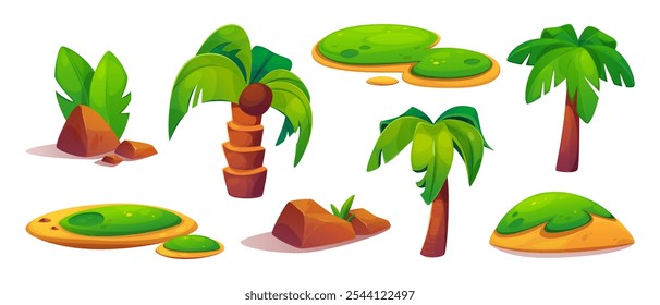 Palm trees and islands set isolated on white background. Vector cartoon illustration of exotic coconut plants with green leaves, tropical grass on pieces of land and rocks, game landscape elements