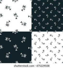 Palm trees isolated on blue and white backgrounds. Vector set. Collection seamless patterns