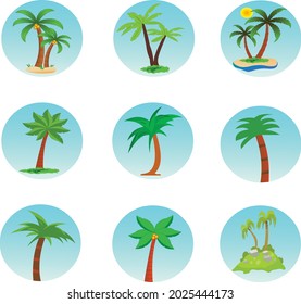 Palmeras aisladas en el cielo con fondo de sol. Estilo diferente Hermoso conjunto de palmeras vectoriales ilustraciones vectoriales aisladas Símbolos de palmeras