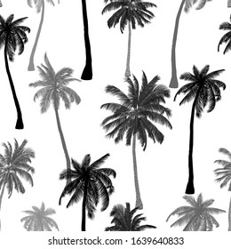 Palm trees isolated on white background. Seamless pattern in grey-black colors. Great for fabric, wallpaper or wrapping paper. Tropical paradise.