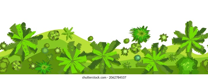 Palm trees. Jungle forest top view. Horizontal seamless composition. Overgrown rainforest. Isolated on a white background. Cartoon style flat design. Illustration vector.