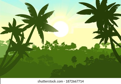 Palm trees. Jungle silhouette. Rainforest. Panoramic landscape. The morning sun is on the horizon. Dense rainforest with exotic trees. Vector