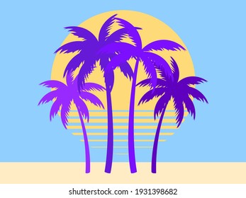 Palm trees landscape. Tropical sunshine in flat style. Exotic sunset. Design for poster, travel banner. Vector illustration