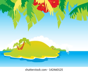 palm trees latitude earth and sail boat palm trees journey water tree vegetation summer nature landscape tour isolated horizon vacation scene earth blue sky miniature cloud leaf destinations tropical