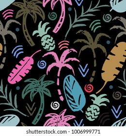 Palm trees, leaves, pineapples seamless pattern. Summer background texture. Wallpaper