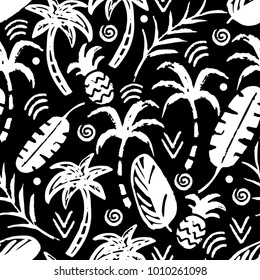 Palm trees, leaves, pineapples seamless pattern. Summer background texture. Wallpaper in black and white