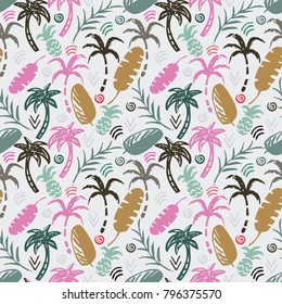 Palm trees, leaves, pineapples seamless pattern. Summer background texture. Wallpaper