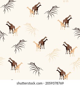 Palm trees leaves silhouette and giraffe on the light background. Seamless pattern with safari animals and tropical plants.