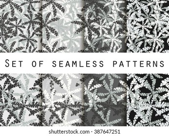 Palm trees, leaves of palm tree. Seamless patterns. The pattern for wallpaper, bed linen, tiles, fabrics, backgrounds. Vector illustration.