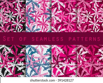 Palm trees, leaves of palm tree. Seamless patterns. The pattern for wallpaper, bed linen, tiles, fabrics, backgrounds. Vector illustration.