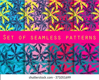 Palm trees, leaves of palm tree. Set of seamless patterns. The pattern for wallpaper, bed linen, tiles, fabrics, backgrounds. Vector illustration.