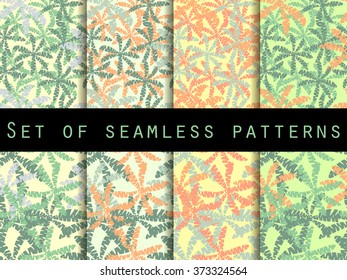 Palm trees, leaves of palm tree. Set of seamless patterns. The pattern for wallpaper, bed linen, tiles, fabrics, backgrounds. Vector illustration.