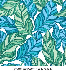 Palm trees. Leaves of tropical plants. Seamless pattern. Vector image. 