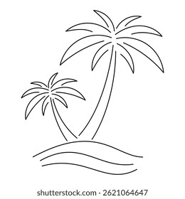 Palm Trees Line Art on Tropical Island. Minimal Black Outline Drawing of Coconut Trees and Waves. Simple Summer Vacation Graphic for Posters, Eco Prints, Coloring Books, Travel Design.