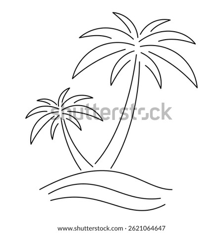 Palm Trees Line Art on Tropical Island. Minimal Black Outline Drawing of Coconut Trees and Waves. Simple Summer Vacation Graphic for Posters, Eco Prints, Coloring Books, Travel Design.