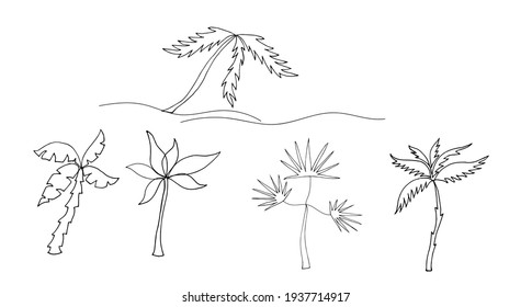 Palm trees, line drawing, exotic vacation, travel banners. Vector summer illustration.