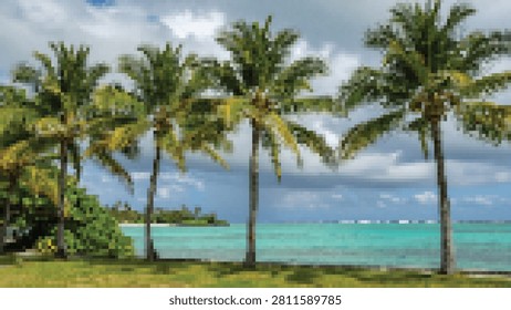 Palm trees line a grassy area leading to a calm turquoise ocean under partly cloudy skies