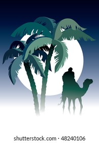 Palm trees, man riding on camel, sky and moon in the background