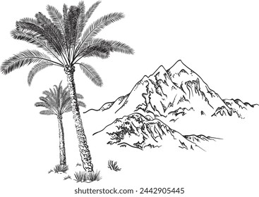 Palm trees and Mountains, sketch. Hand drawn vector illustration. Line art
