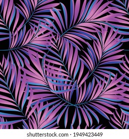 Palm trees. Neon color of tropical leaves. Trendy colorful palm leaf, jungle background and purple exotic plants. 
