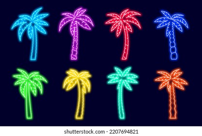 Palm trees neon icon set. Tropical palms tree billboard bright lamps. Luminous exotic summer decoration for bar signboard, beach party advertisement, background