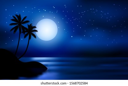 Palm trees at night with moonlight and starry sky 