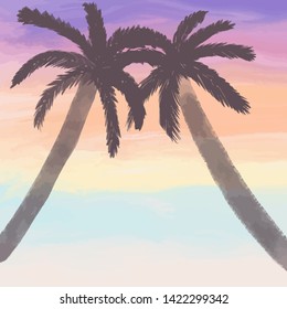 palm trees not by the sea. two palm trees at sunset, nice colors, romantic illustration, summer composition