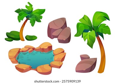 Palm trees and oasis, stone briles, isolated on white background in isometric. Vector cartoon illustration of exotic coconut plants with green leaves, tropical pond and rocks elements, game landscape 