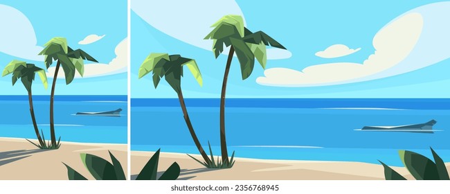 Palmeras con océano y nubes. El paisaje veraniego en diferentes formatos.