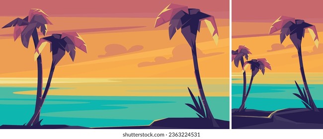 Palm trees and ocean at sunset. Summer landscape in different formats.