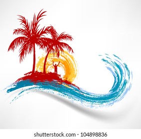 Palm trees and ocean wave. Man against the sunset