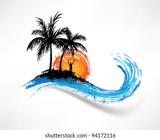 Palm trees and ocean wave. Man against the sunset